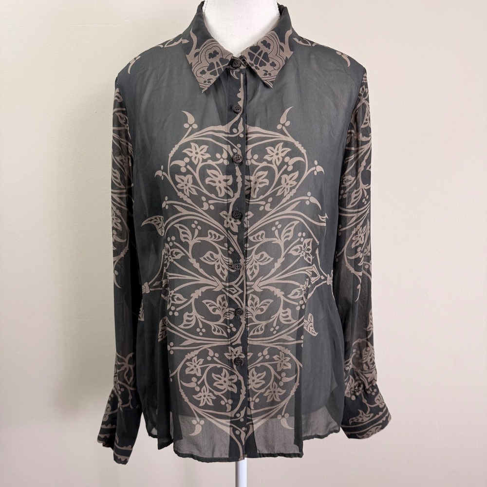 Ecru Womens 100% Silk Sheer Damask Medallion Print Blouse Grey Tan XL 3645-WT